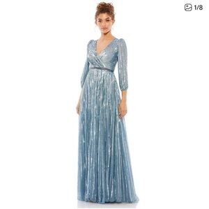 Mac Duggal 5509 Slate Blue Sequined 3/4 Sleeve V-Neck Plus Size Formal Gown NWT